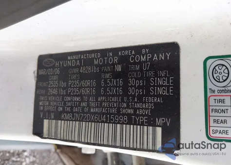 2006 Hyundai Tucson Gls/Limited z USA, uszkodzony, nr VIN KM8JN72DX6U415998